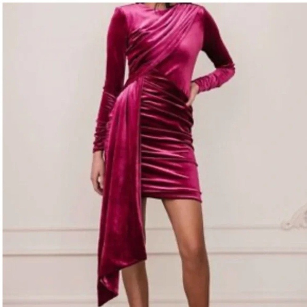 JessaKae Noor Fuchsia Velvet Asymmetrical Drape Mini Dress Long Sleeve‎ Large